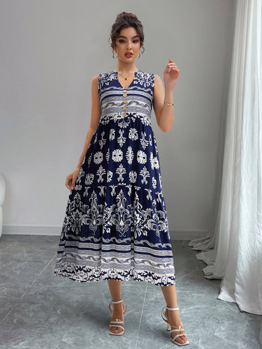 Damen Midi-Kleid mit Knopfleiste und traumhaftem Muster R&B