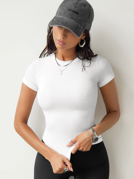 Damen figurbetontes Rippenshirt mit kurzen Ärmeln und Rundhalsausschnitt R&B