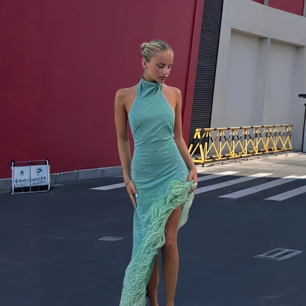 Damen Festliches Pailletten Abendkleid mit asymmetrischem Saum und Federdetails R&B