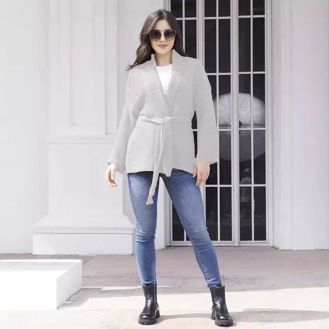 Damen Grobstrick-Cardigan mit Gürtel und weitem Schnitt R&B