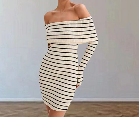 Damen Off-Shoulder Strickkleid mit langen Ärmeln und Streifenmuster R&B