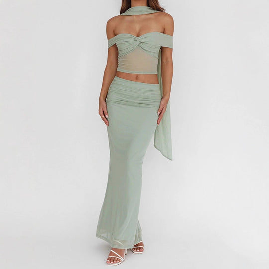 Damen elegantes Wickelkleid mit schulterfreiem Oberteil und drapierter Silhouette R&B