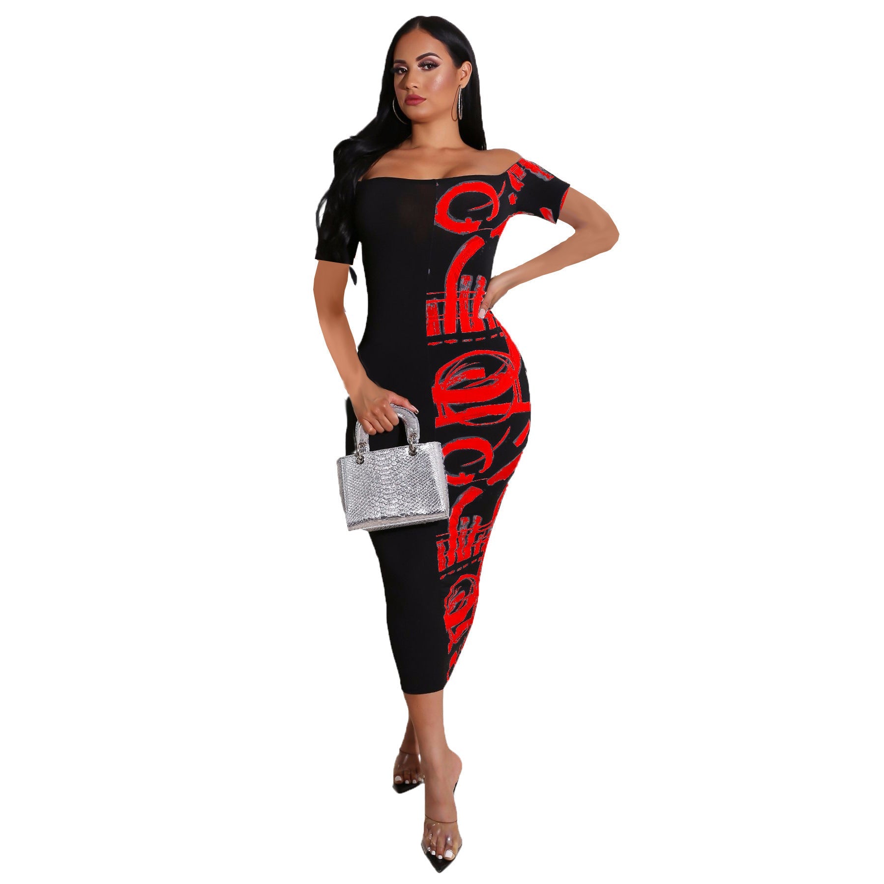 Damen Elegantes Off-Shoulder-Midikleid mit grafischem Druck und taillierter Silhouette R&B