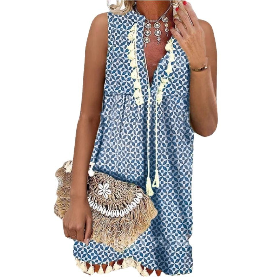 Damen luftiges Strandkleid mit dekorativen Fransen und floralem Muster R&B