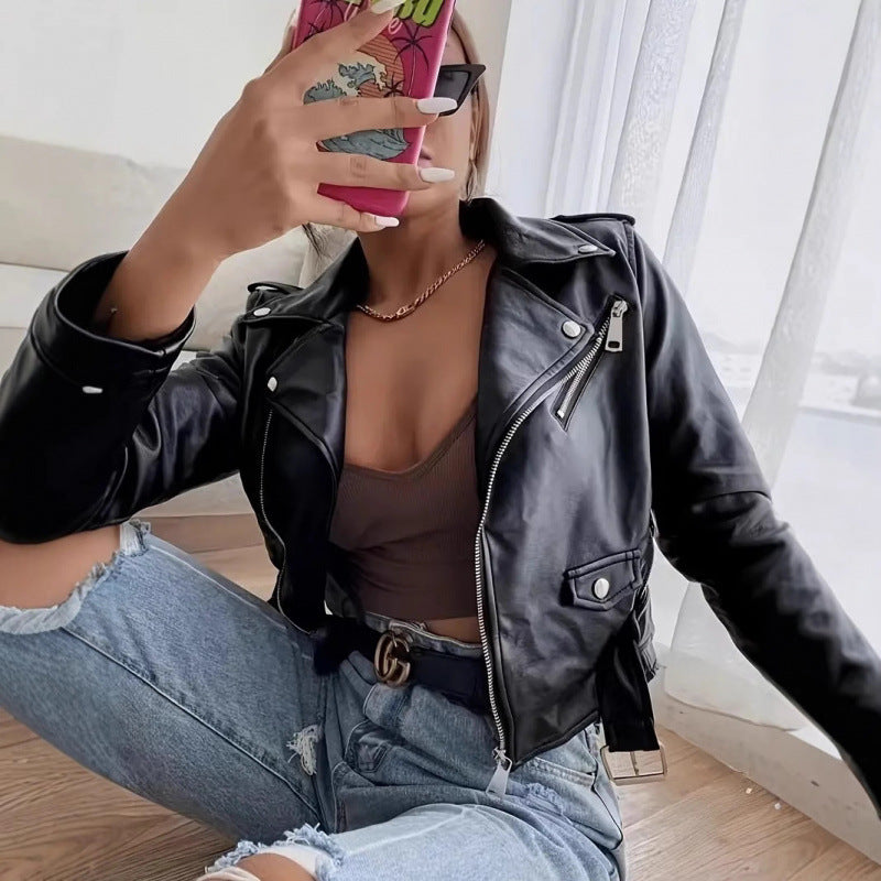 Damen Cropped Kunstleder Bikerjacke mit asymmetrischem Reißverschluss