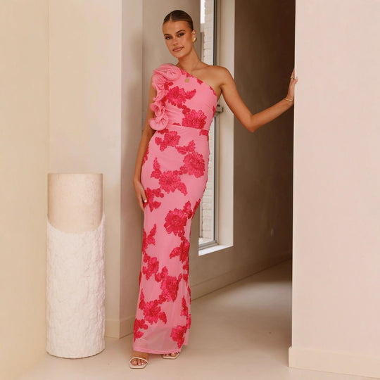 Damen Elegantes und figurbetontes Maxikleid mit asymmetrischem Träger und floralen Applikationen R&B