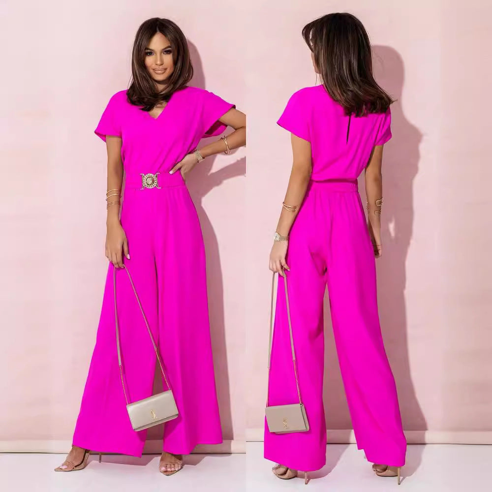 Damen Jumpsuit mit weitem Bein und trendigem Gürtel R&B