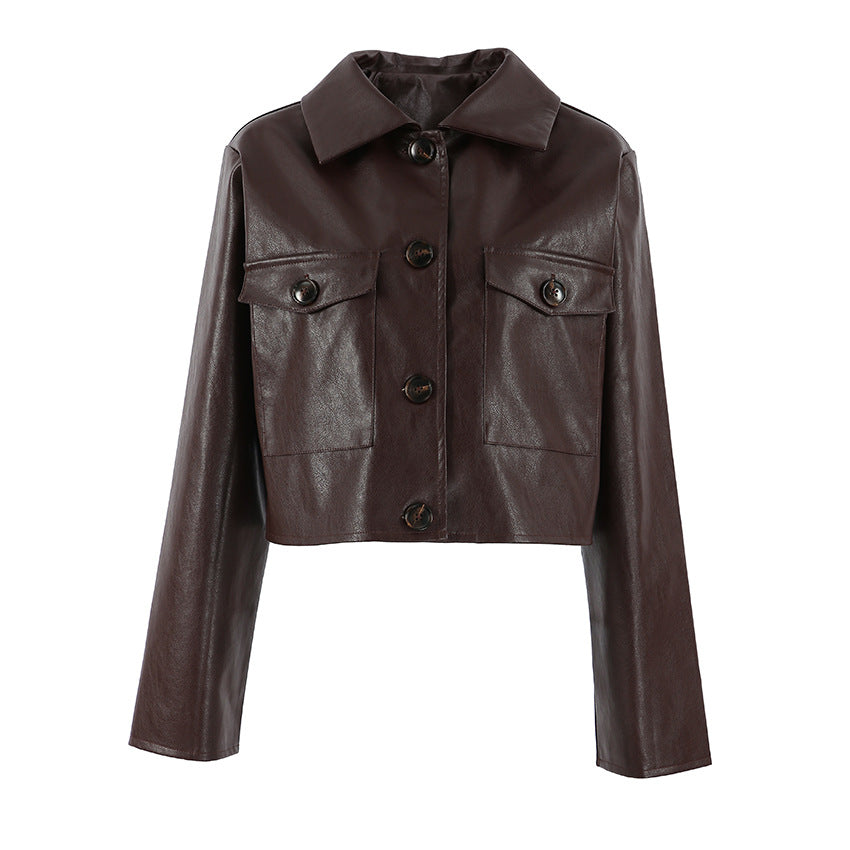 Damen Modische Kunstlederjacke mit cropped Schnitt und funktionellen Taschen R&B