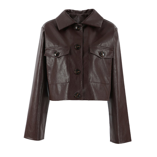 Damen Modische Kunstlederjacke mit cropped Schnitt und funktionellen Taschen R&B