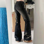 Damen Flared Jeans mit floralem Stickdesign und hohem Taillenbund R&B