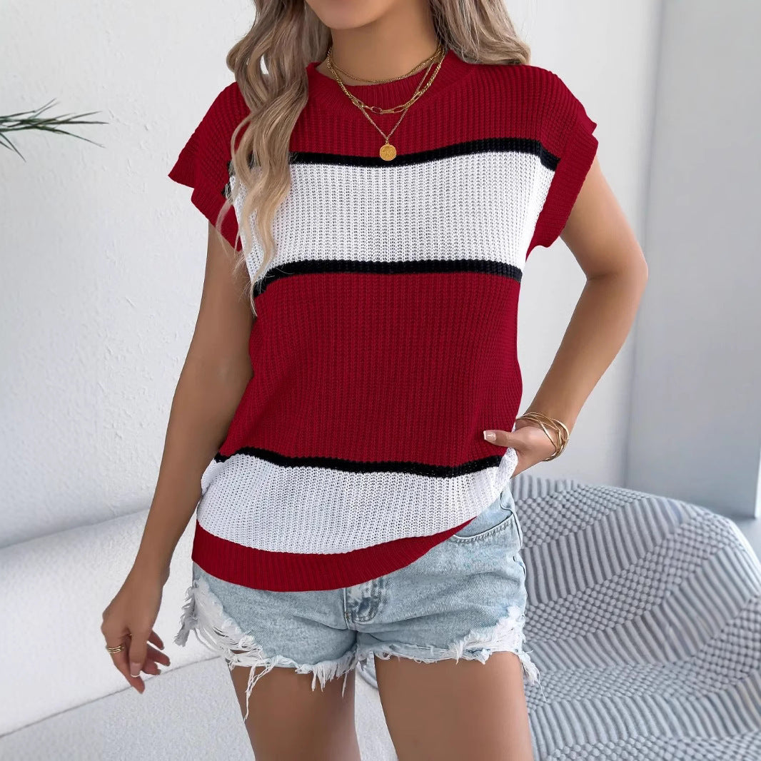 Damen Kurzarm Strickoberteil mit modernen Streifen R&B