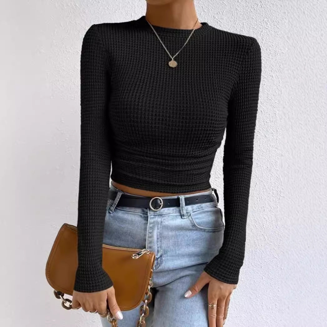 Damen modisches langärmliges Crop-Top mit Waffelstruktur R&B