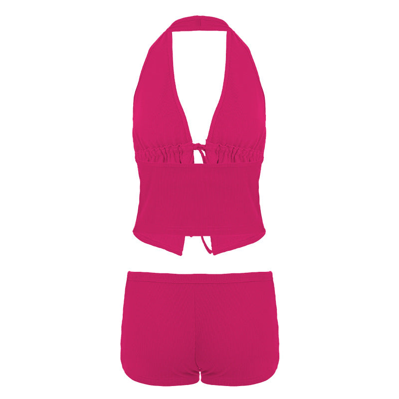 Damen elegantes Halter-Top mit herausragender Raffung und kurzen Shorts R&B