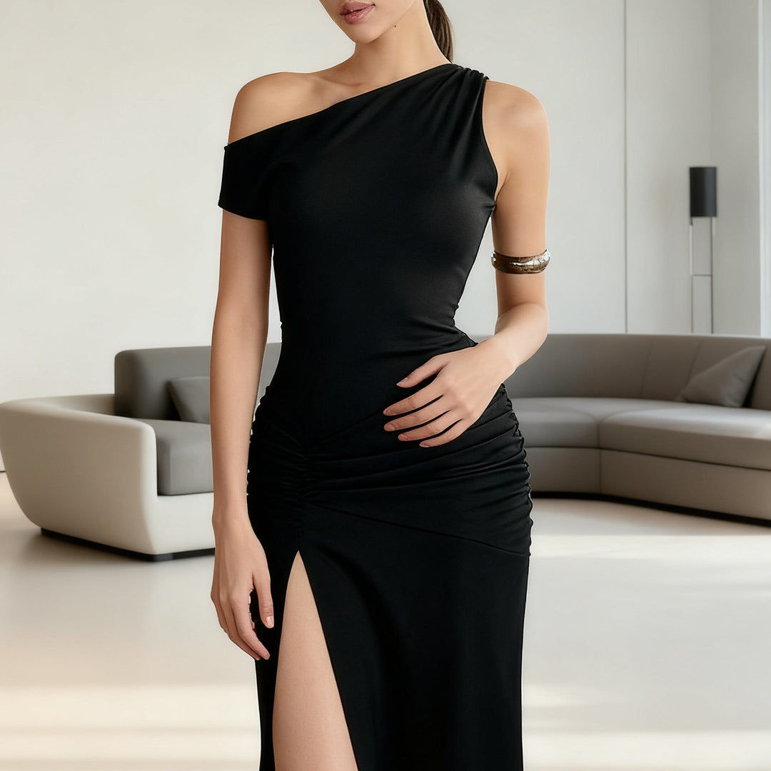 Damen Off-Shoulder Maxikleid mit elegantem Rüschendetail und seitlichem Schlitz R&B