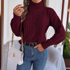 Damen Gemütlicher Strickpullover mit Stehkragen und Zopfmuster R&B