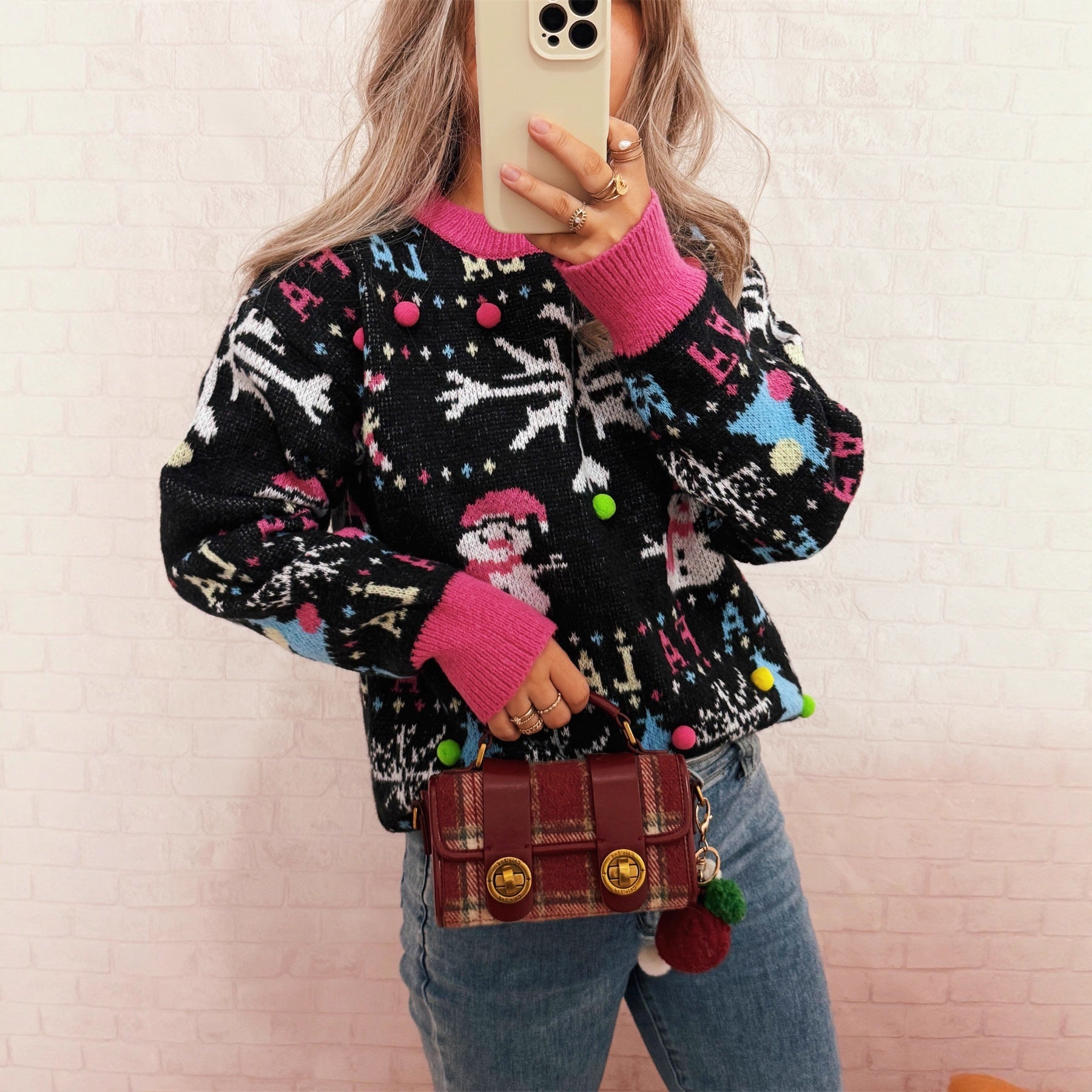 Damen festlicher Pullover mit farbenfrohen Weihnachtsmotiven und verspielten Details R&B