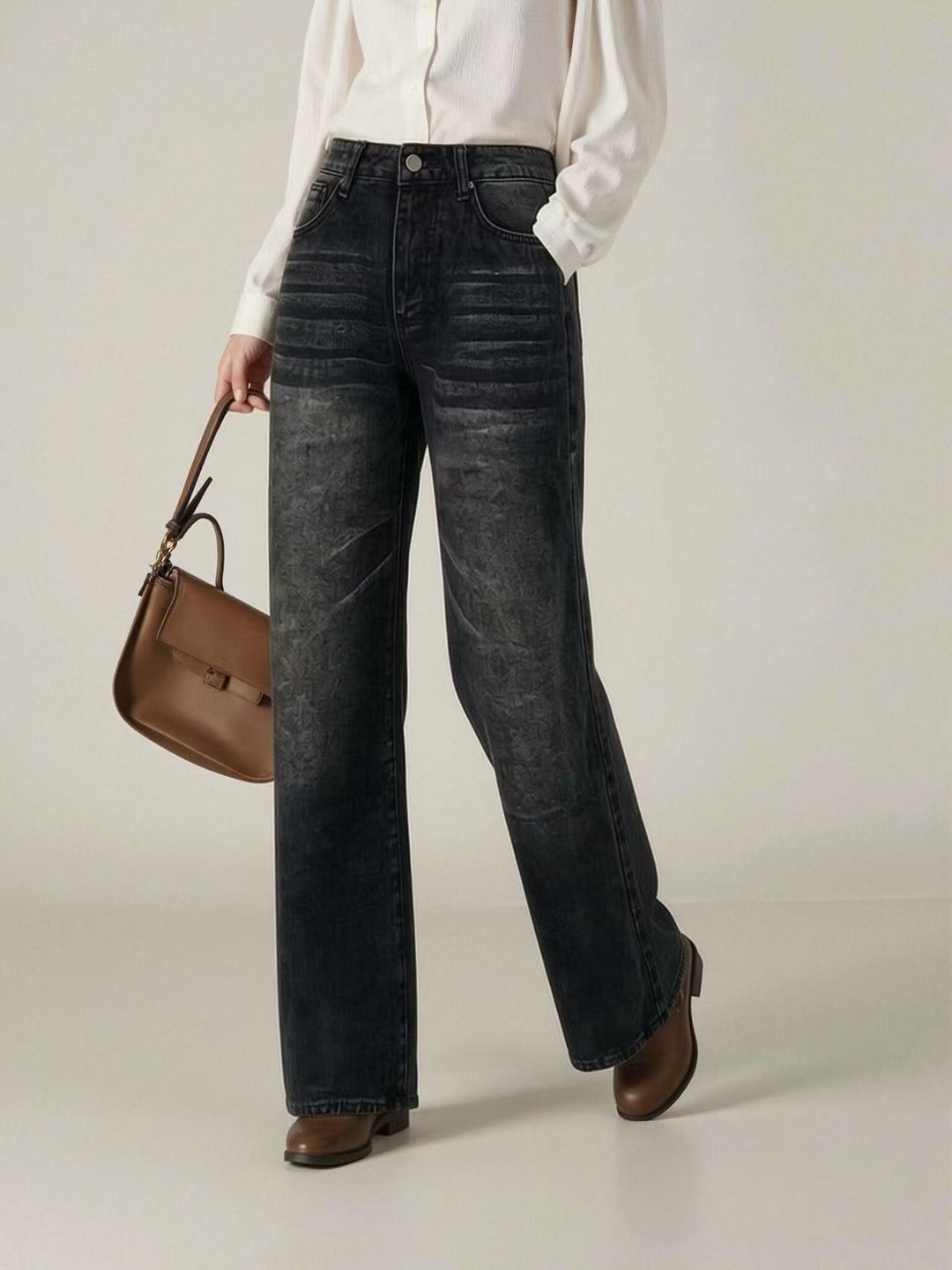 Damen weite High-Waist Jeans mit einzigartiger Textur R&B