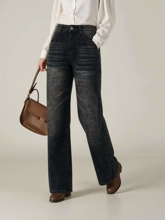 Damen weite High-Waist Jeans mit einzigartiger Textur R&B