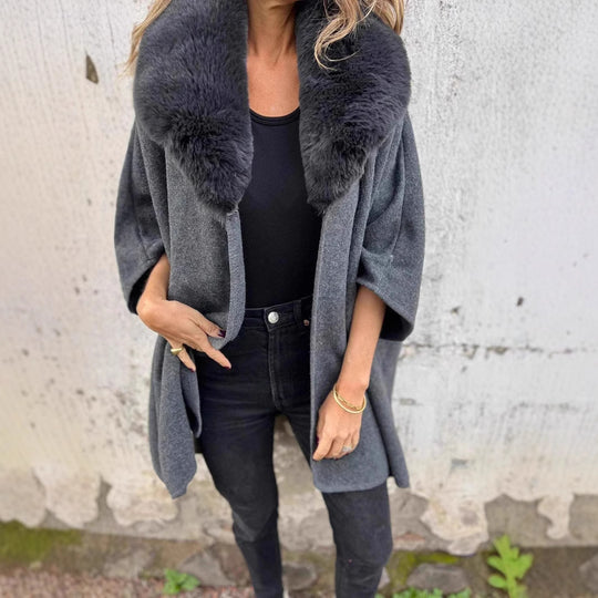 Damen Strickmantel mit luxuriösem Kunstfellkragen R&B