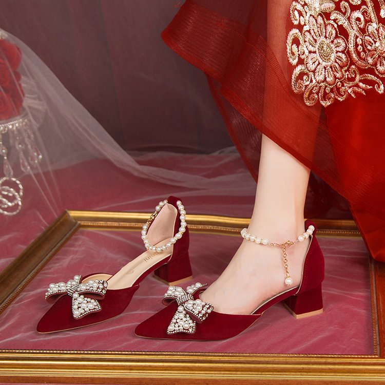 Damen elegante Pumps mit funkelndem Schleifen-Design und Perlenakzenten
