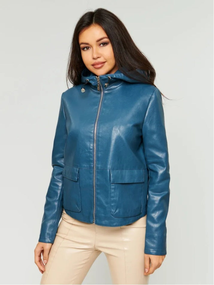 Damen Kunstlederjacke mit angeschnittenem Hoodie und praktischen Taschen R&B