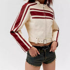 Damen kunstlederne Bikerjacke mit dezenten Kontraststreifen R&B