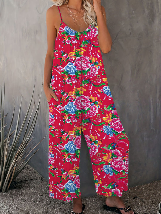 Damen Luftiger Jumpsuit mit floralem Design und verstellbaren Trägern R&B