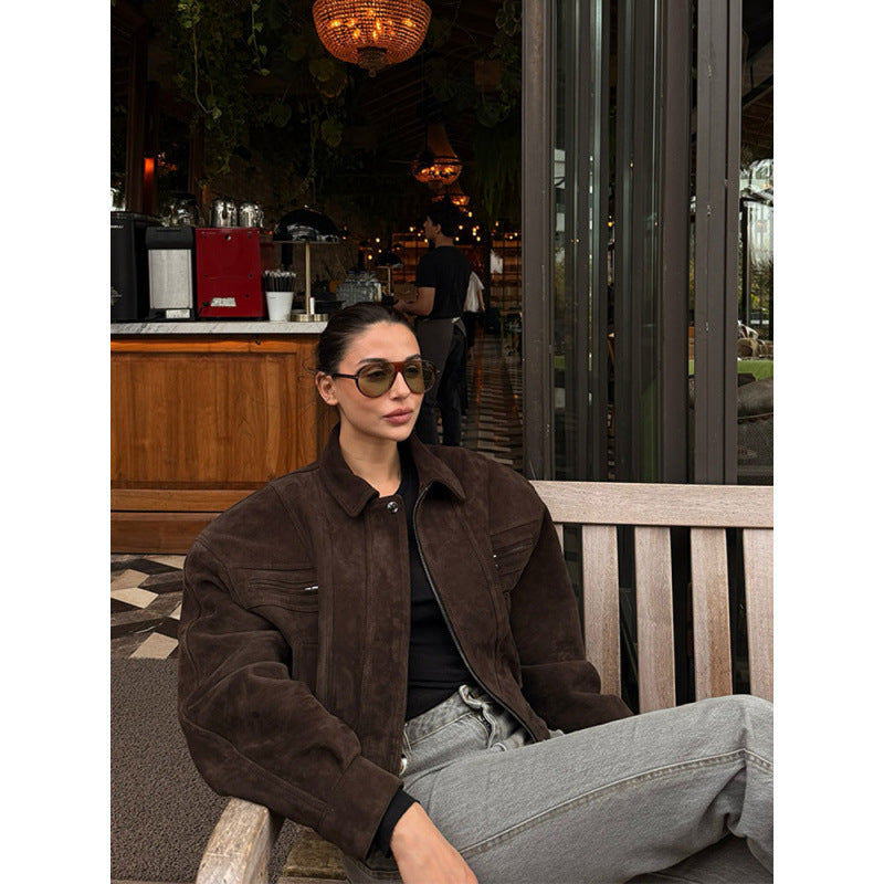Damen Modische Wildlederjacke mit cropped Schnitt R&B