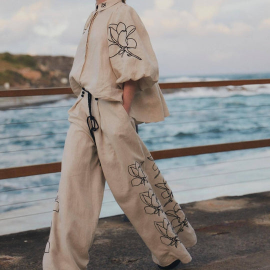 Damen Weit geschnittene Leinenhose mit floralen Stickereien R&B