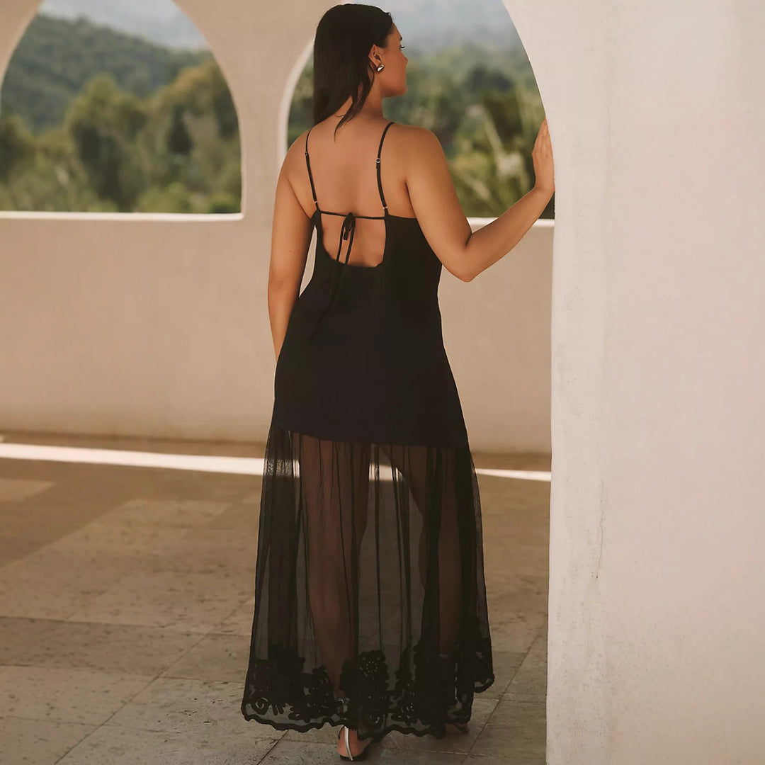 Damen nan Lagenmaxikleid mit kurzem Innenkleid und transparentem Tüll-Überrock, V-Ausschnitt und feinen Spaghettiträgern R&B