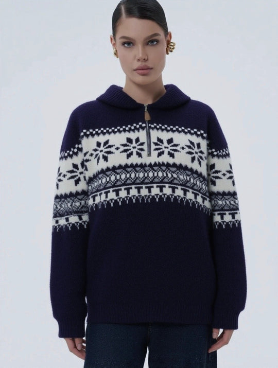 Damen gestrickter Pullover mit Halskragen und Modischem Norweger-Muster R&B