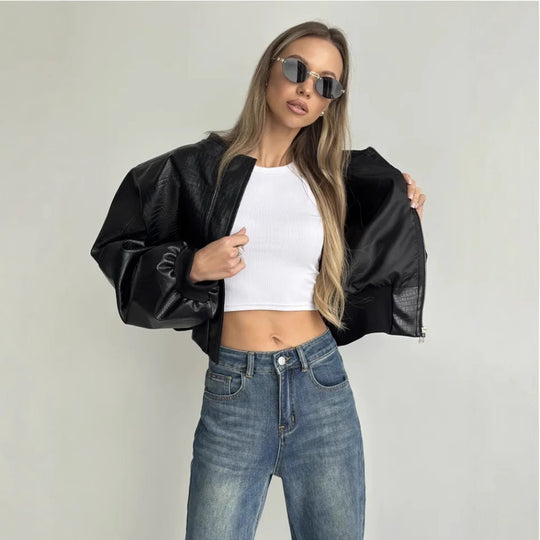Damen trendige cropped Kunstlederjacke mit voluminösen Ärmeln R&B