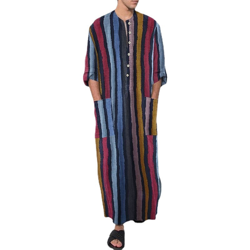 Herren nan bodenlanger gestreifter Leinenmix Kaftan mit Stehkragen und aufgesetzten Hüfttaschen R&B