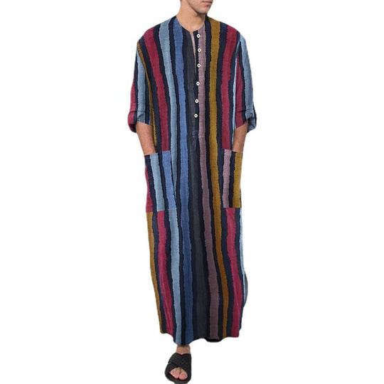 Herren nan bodenlanger gestreifter Leinenmix Kaftan mit Stehkragen und aufgesetzten Hüfttaschen R&B