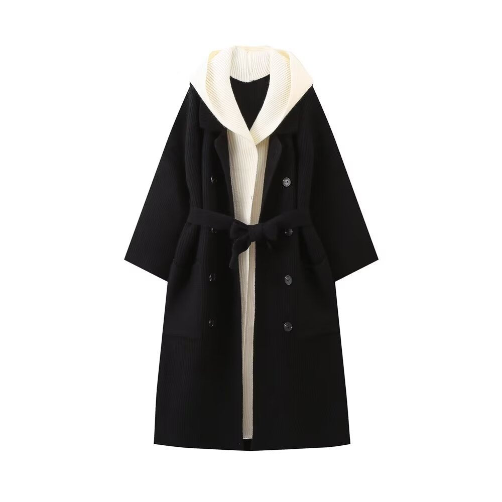 Damen lässiger Longcardigan mit bindbarem Taillengürtel und zweilagigem Kragen R&B