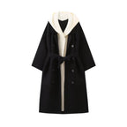 Damen lässiger Longcardigan mit bindbarem Taillengürtel und zweilagigem Kragen R&B