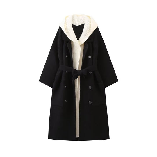 Damen lässiger Longcardigan mit bindbarem Taillengürtel und zweilagigem Kragen R&B