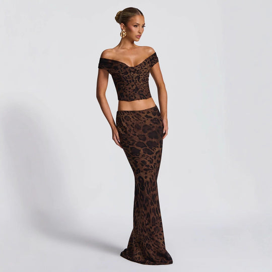 Damen Elegantes Set aus Crop-Top und Maxirock mit Leopardenmuster R&B