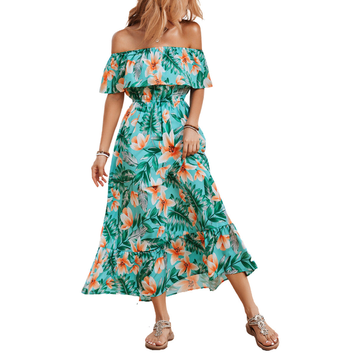 Damen Off-Shoulder Maxikleid mit floralem Design und elastischem Taillenbund R&B