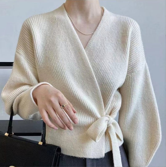 Damen Wickelstrickjacke mit weit geschnittenen Ärmeln und Taillengürtel R&B