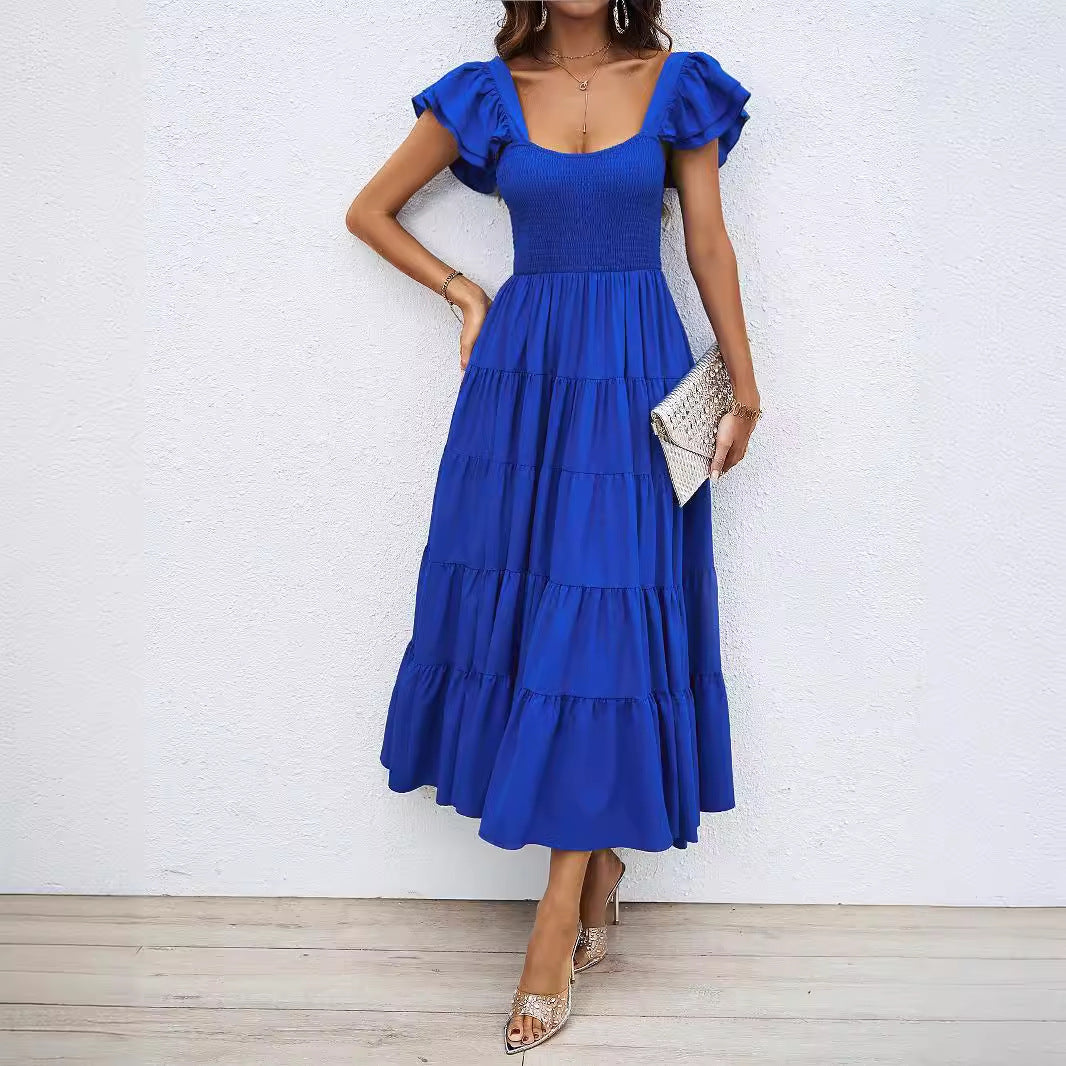 Damen Lange Maxikleid mit eleganten Rüschenträgern und gefüttertem Oberteil R&B