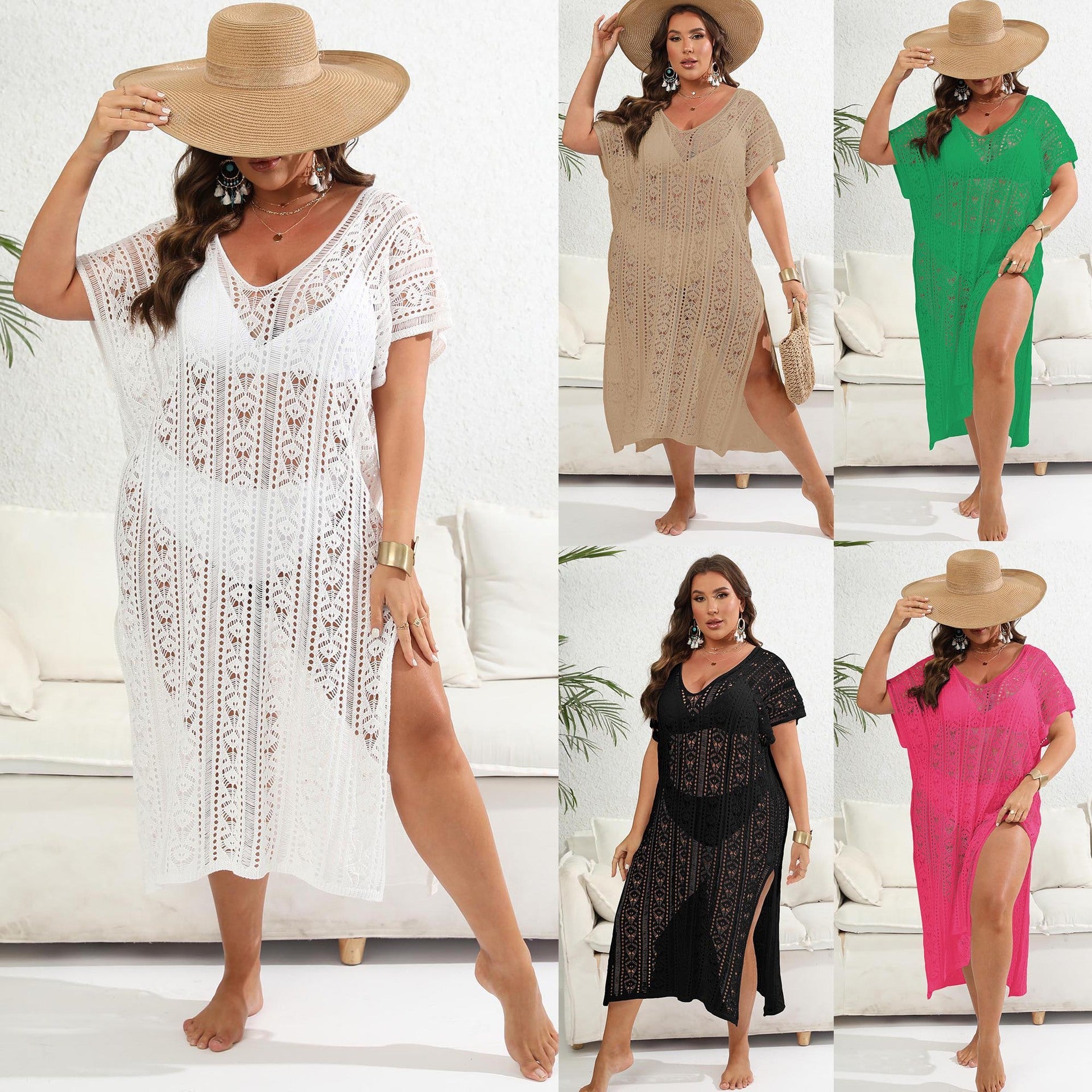 Damen Häkel-Strandkleid mit seitlichem Schlitz und luftiger Struktur R&B