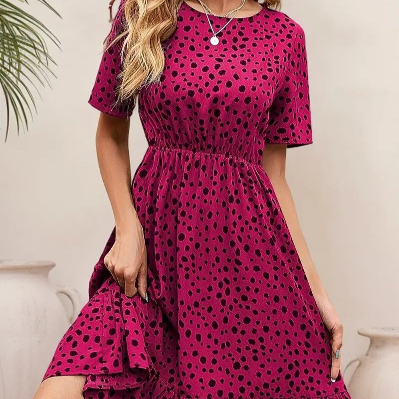 Damen Sommerliches A-Linien Kleid mit Rüschensaum und Punkten R&B