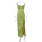 Damen Elegantes Maxikleid mit tiefem Spaghetti-Träger-Ausschnitt und seitlichem Schlitz R&B