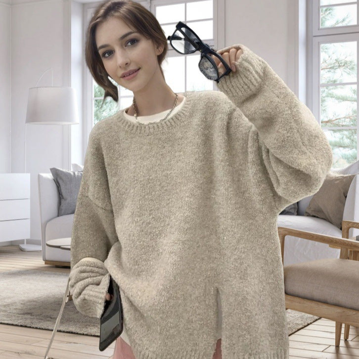 Damen lässiger Oversized-Pullover mit seitlichem Schlitzdesign R&B