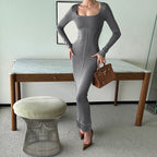 Damen figurbetontes Sweatkleid mit langem Arm und elegantem Quadrat-Ausschnitt EB