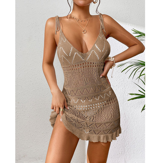 Damen Häkel-Strandkleid mit verstellbaren Trägern und Rüschensaum R&B