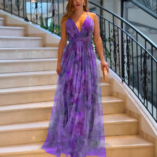 Damen Maxikleid mit tiefem V-Ausschnitt und fließendem Chiffon R&B