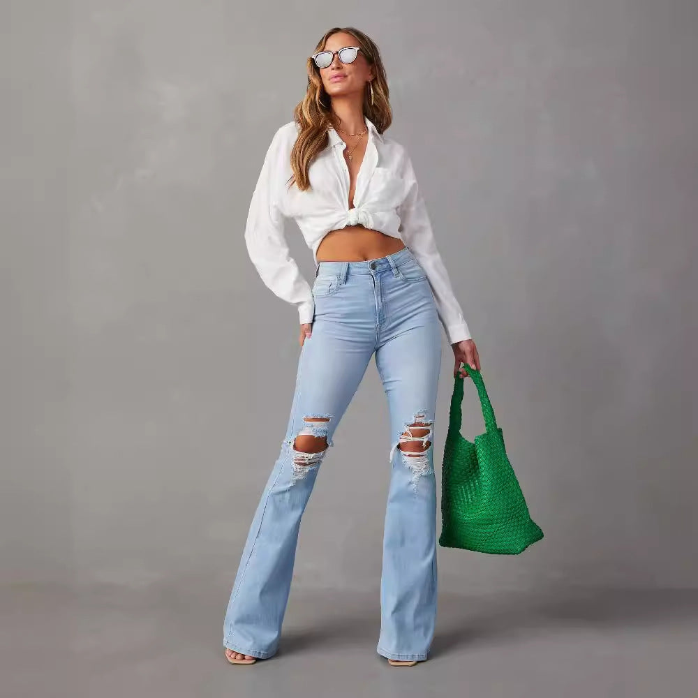 Damen Flared Jeans mit ausgefranstem Saum und verwaschenem Effekt R&B