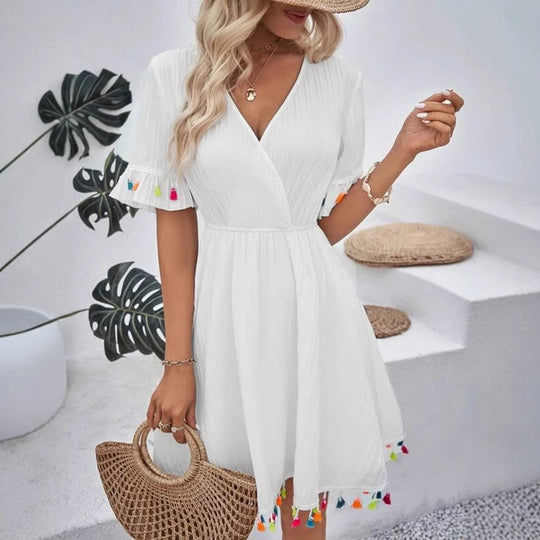 Damen Sommerkleid mit verspielten Volants und bunten Quasten R&B